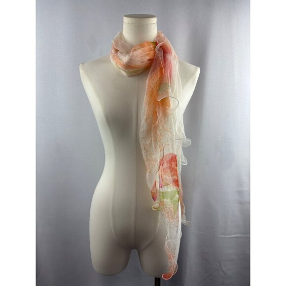 Women’s 100% Silk Orange, White, & Green Ruffled Scarf - Picture 3 of 5